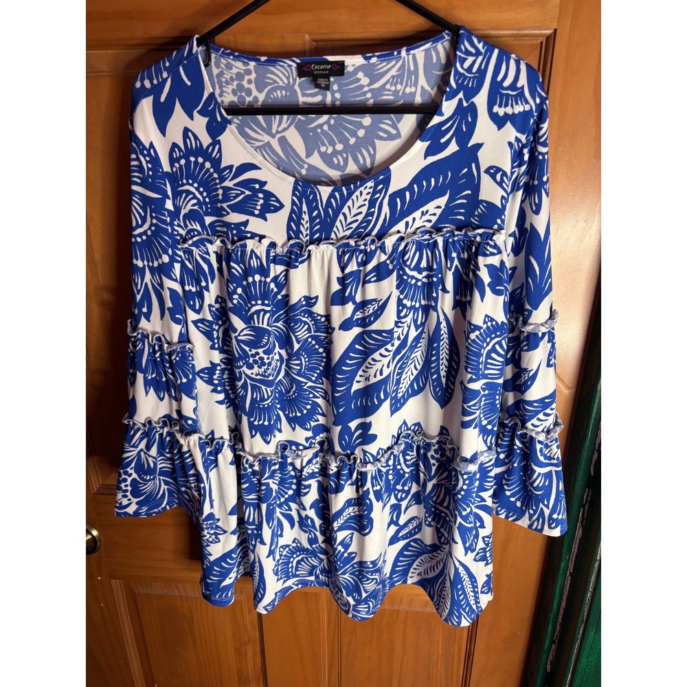 Cocomo Woman Blue White Floral Tiered Ruffle Tunic Top Bell Sleeve 1X